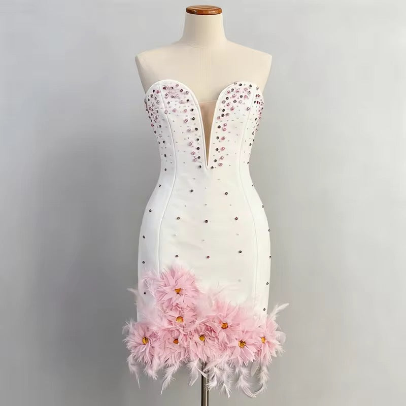 Tawni White Strapless Sweetheart Neck Mini Dress with Pink Crystals and Feather Embellishments