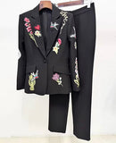 Roma Black Embroidered Graphic Blazer and Pant Suit