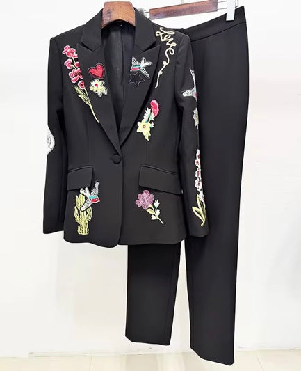 Roma Black Embroidered Graphic Blazer and Pant Suit