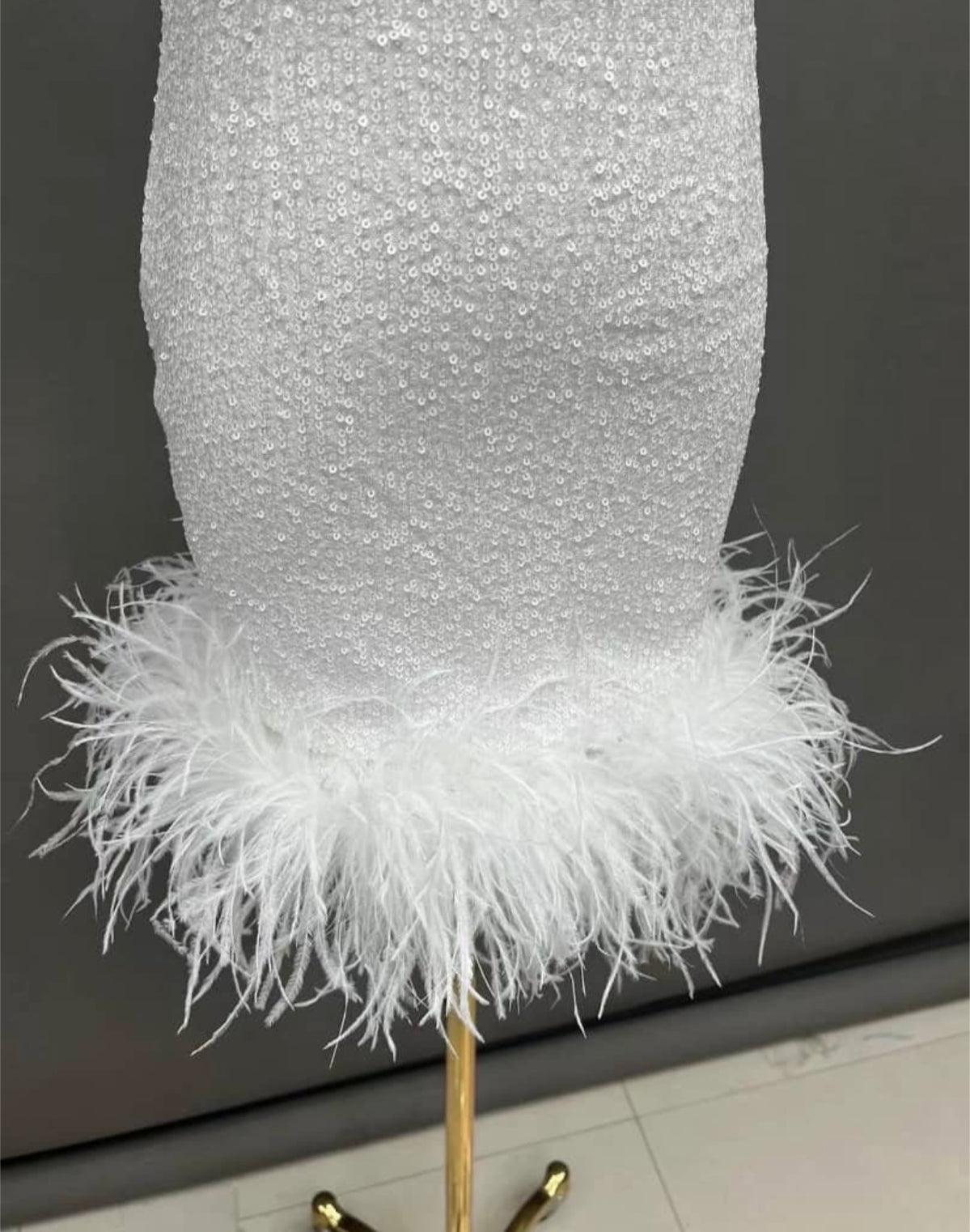 Dani White Strapless Feather Trim Sequin Mini Dress