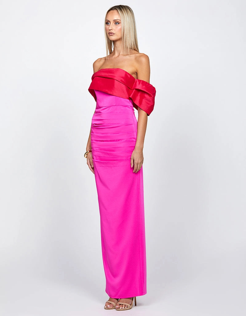 Ella Red Draped Off Shoulder Pink Gown