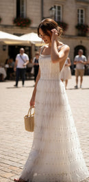 Irina White Hollow Organza Design Rhinestone Embellished Maxi Dress