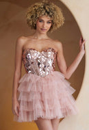 Fauna Strapless Sweetheart Neck Mirror Applique Corset Bodice Tiered Glitter Tulle Mini Dress