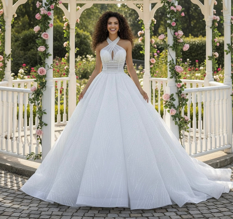 Nila Pearl Bead Embellished Crisscross Halter Full Detachable Skirt Gown