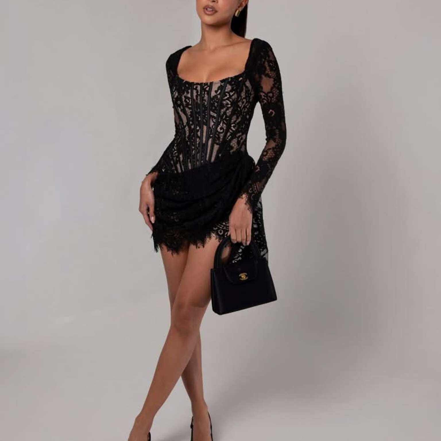 Vanessa Long Sleeve Black Lace Corset Draped Mini Dress