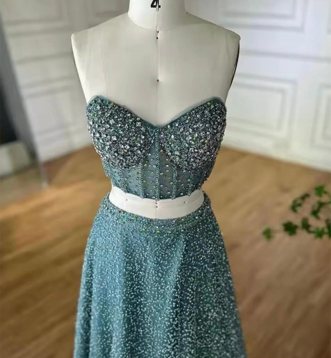 Mila Teal Crystal Bead Embellished Corset Crop Top and ALine Full Skirt Set Gown