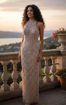 Bellina Sleeveless Mock Neck Rhinestone Pearl Beaded Embellished Gown