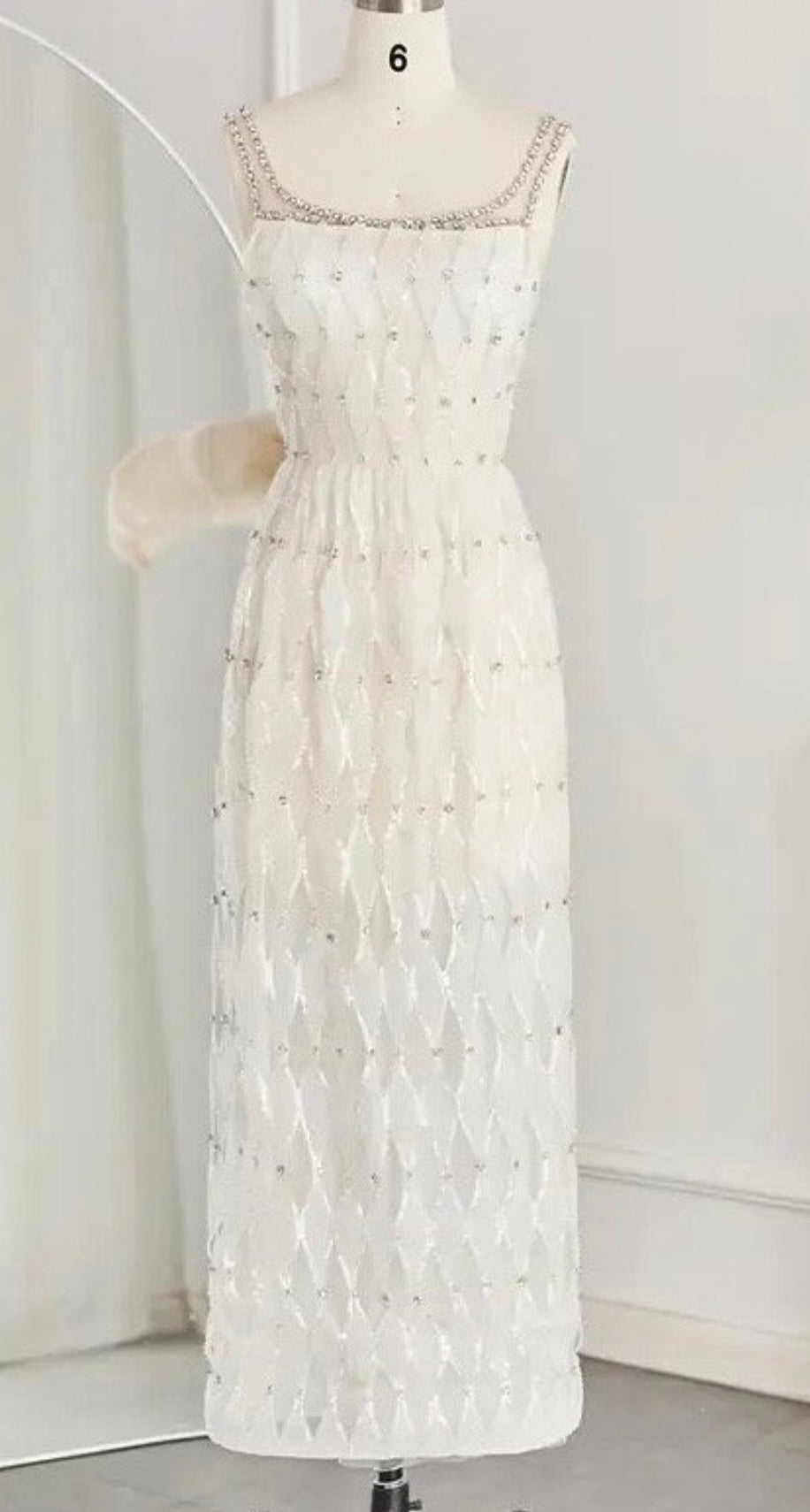 Irina White Hollow Organza Design Rhinestone Embellished Maxi Dress