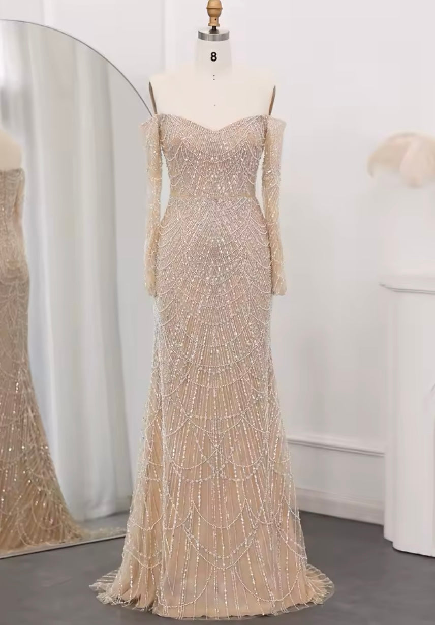 Erina Long Sleeve Off Shoulder Pearl and Bead Embellished Gown