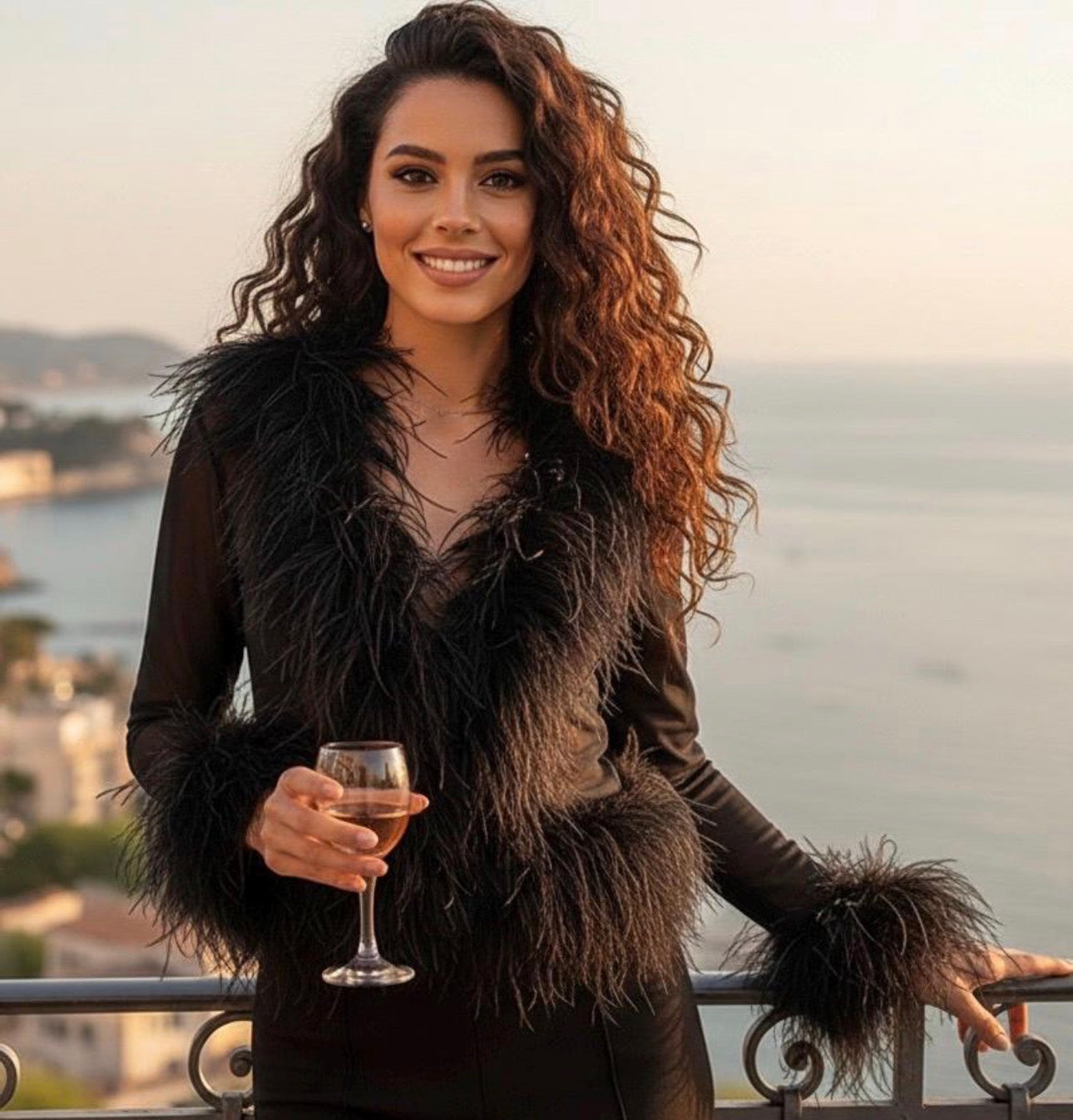 Cassie Sheer Long Sleeve Cardigan with Feather Collar and Sleeve Trim