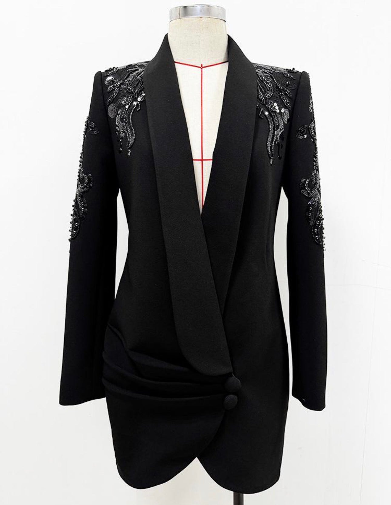 Davi Sequin Pattern Embellished Asymmetrical Front Blazer Dress