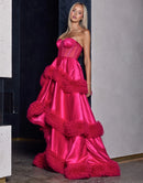 Bryn Strapless Sweetheart Neck Corset Satin Tiered Ruffle HiLow Gown