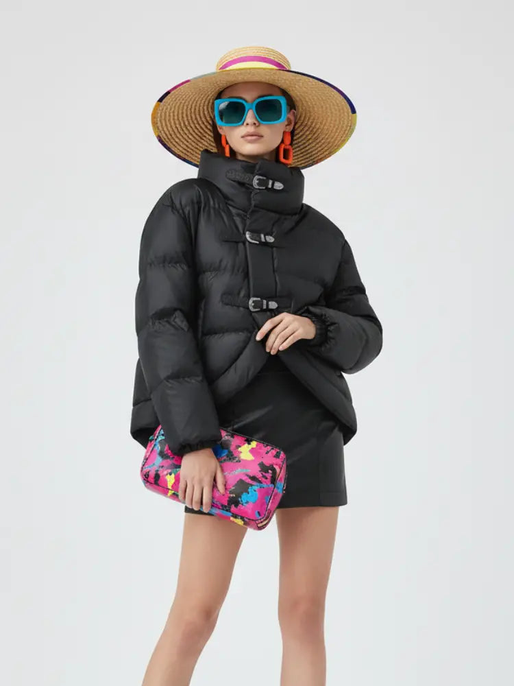 Aleda Statemenrt Black Buckle Scoop Front Cropped Puffer Coat