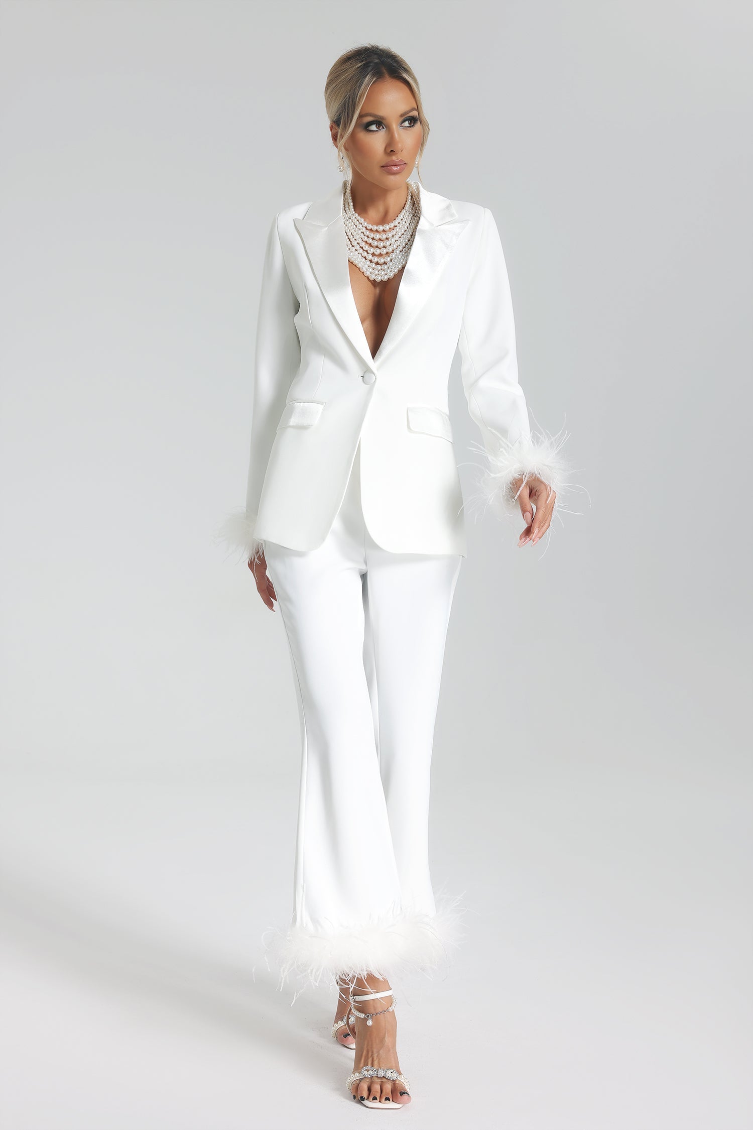 Thalia Feather Trim Blazer and Pant Set