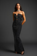 Aviana Black Strapless Rhinestone Trim Deep V and Rhinestone Embellished Maxi Dress