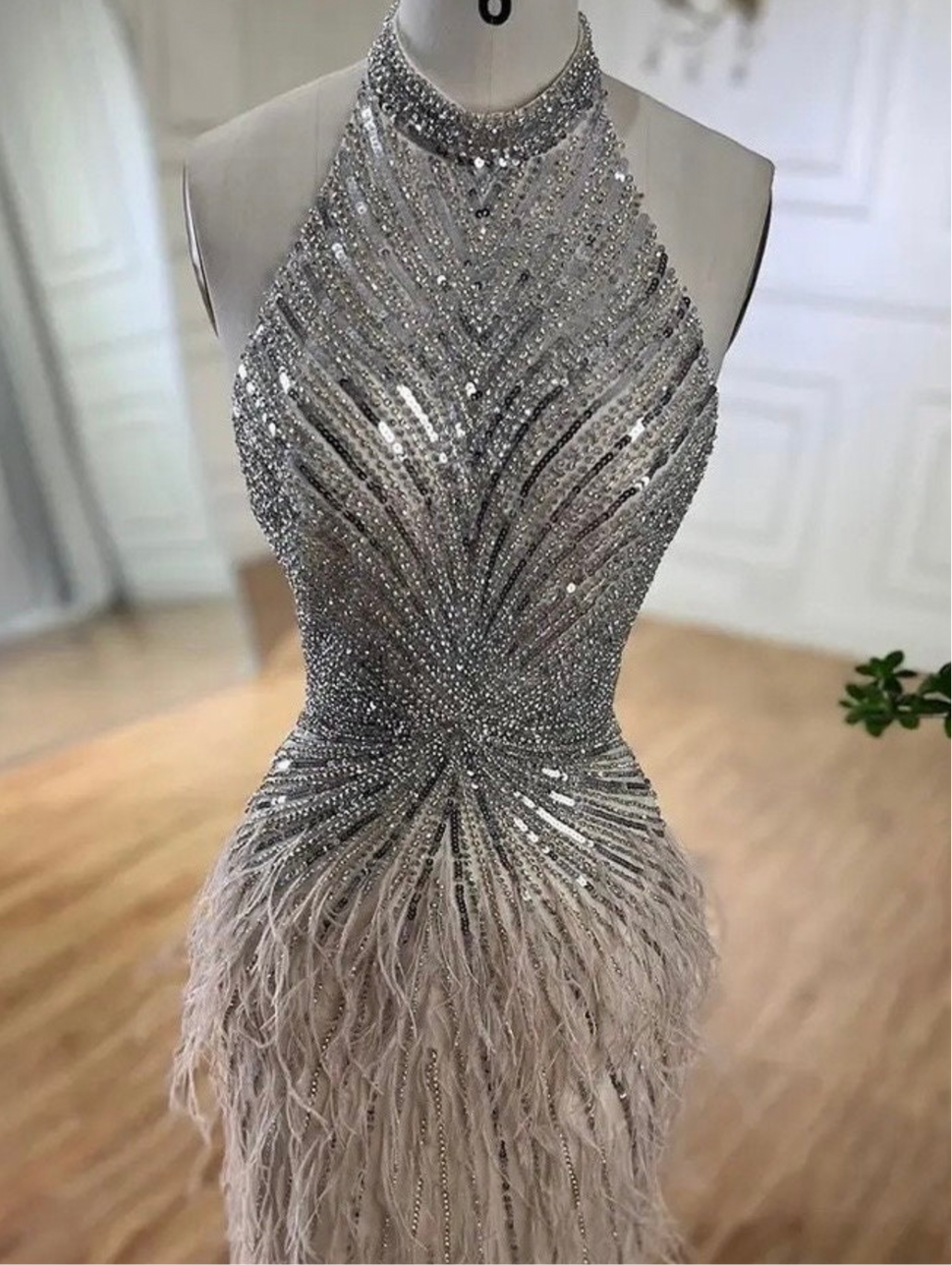 Felisa Bead and Feather Embellished Halter Gown