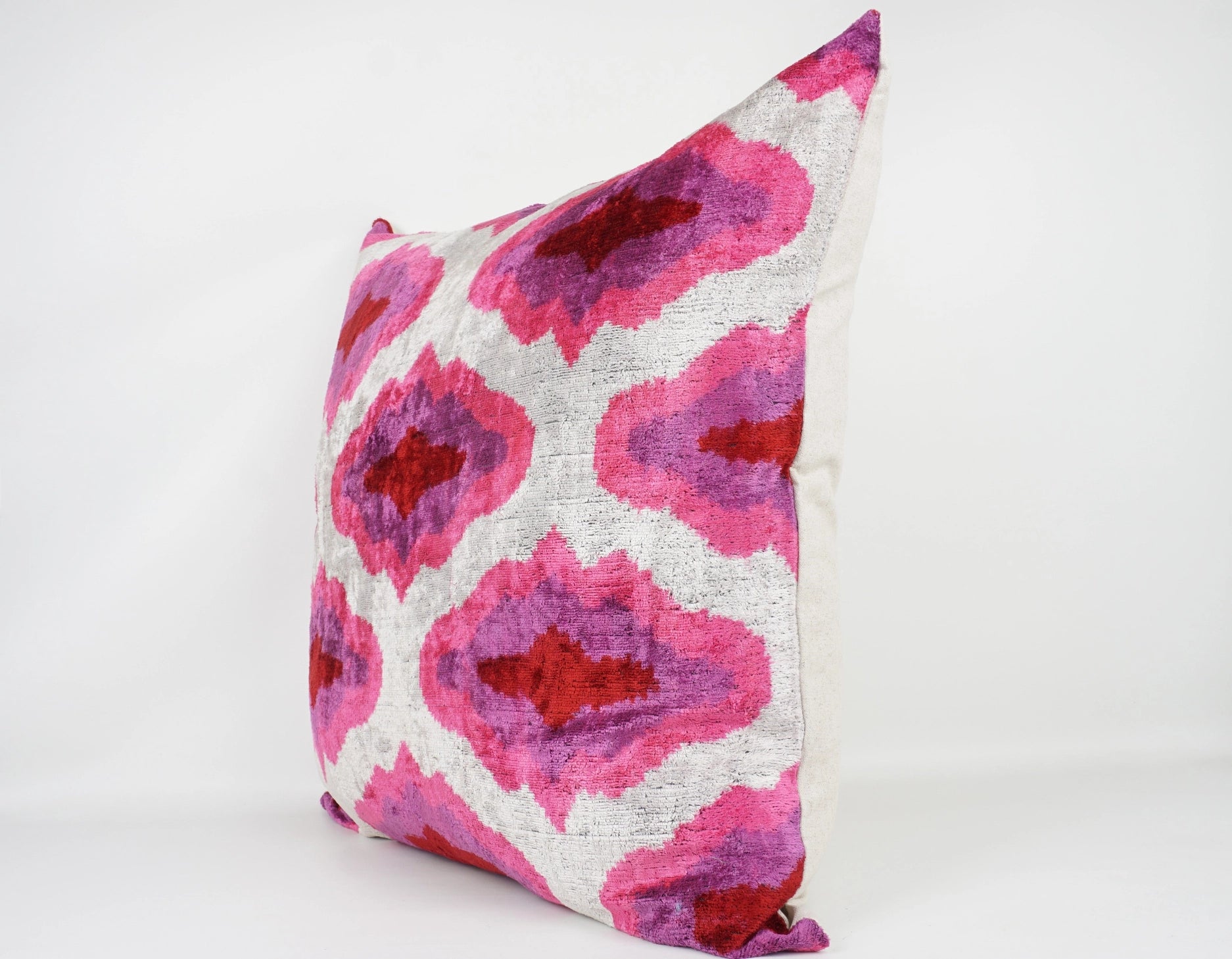 Handmade Pink, Purple, White Ikat Silk/Velvet Pillowcase 24"x24"