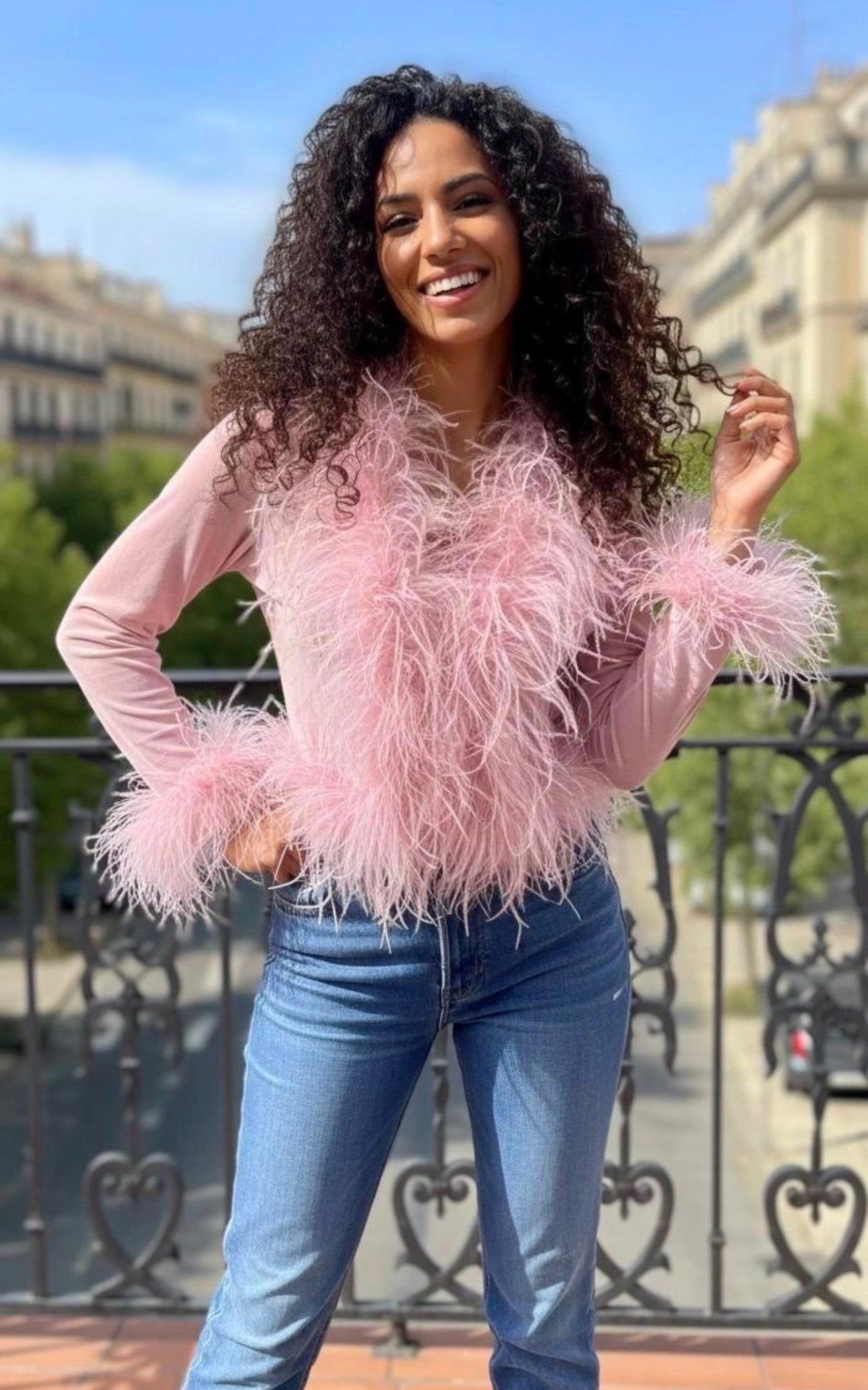 Cassie Sheer Long Sleeve Cardigan with Feather Collar and Sleeve Trim