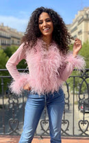 Cassie Sheer Long Sleeve Cardigan with Feather Collar and Sleeve Trim
