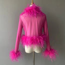 Cassie Sheer Long Sleeve Cardigan with Feather Collar and Sleeve Trim