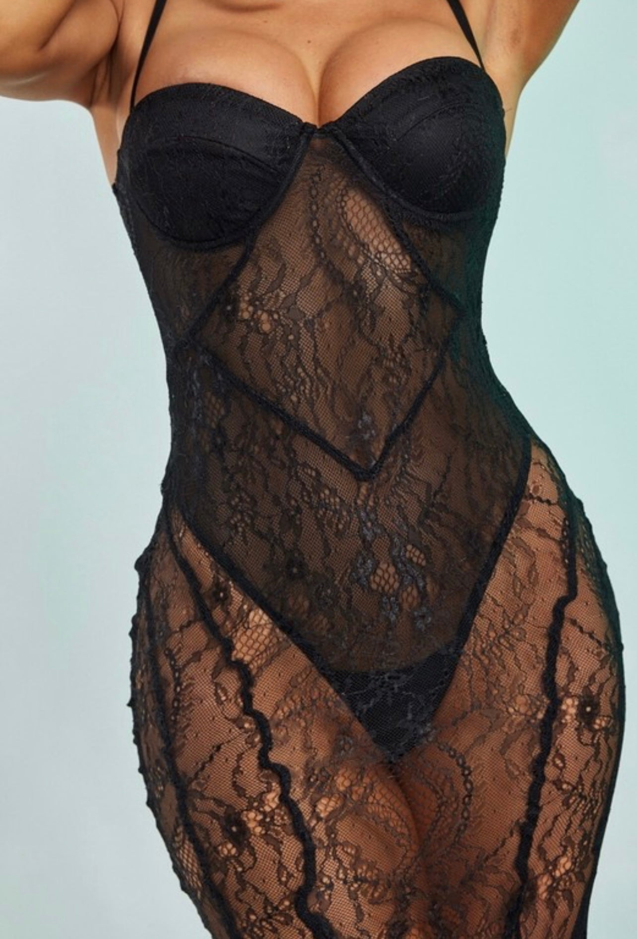 Dearia Black Lace Maxi Gown with Attached Bodysuit