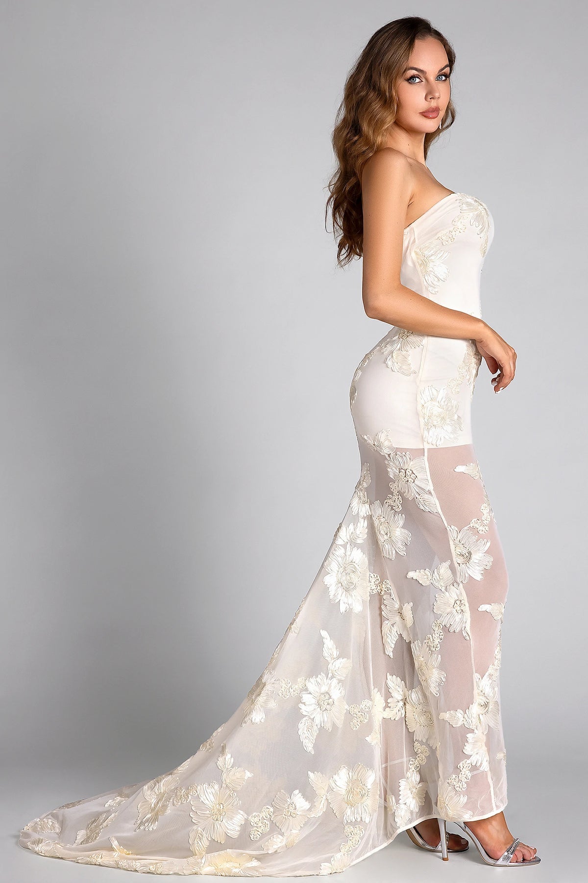 Chantal Ivory Strapless Floral Embroidered Maxi Dress with Train