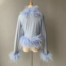 Cassie Sheer Long Sleeve Cardigan with Feather Collar and Sleeve Trim