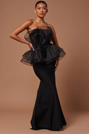 Aviva Black Strapless Organza Bodice and Peplum Bandage Maxi Skirt Dress