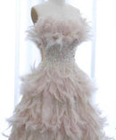 Fia Ivory Pink Strapless Beaded Corset Full Feather Gown