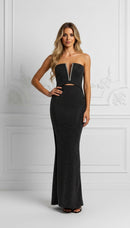 Aviana Black Strapless Rhinestone Trim Deep V and Rhinestone Embellished Maxi Dress