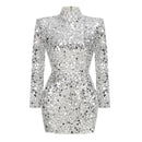 Lele Silver Long Sleeve Crystal Trim Mock Neck Sequin Back Zipper Mini Dress