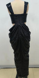 Galia Rose Detail Black Side Cut Out Sequin Draped Front Slit Maxi Dress