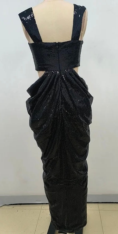 Galia Rose Detail Black Side Cut Out Sequin Draped Front Slit Maxi Dress