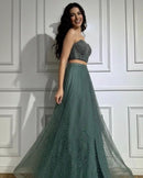 Mila Teal Crystal Bead Embellished Corset Crop Top and ALine Full Skirt Set Gown