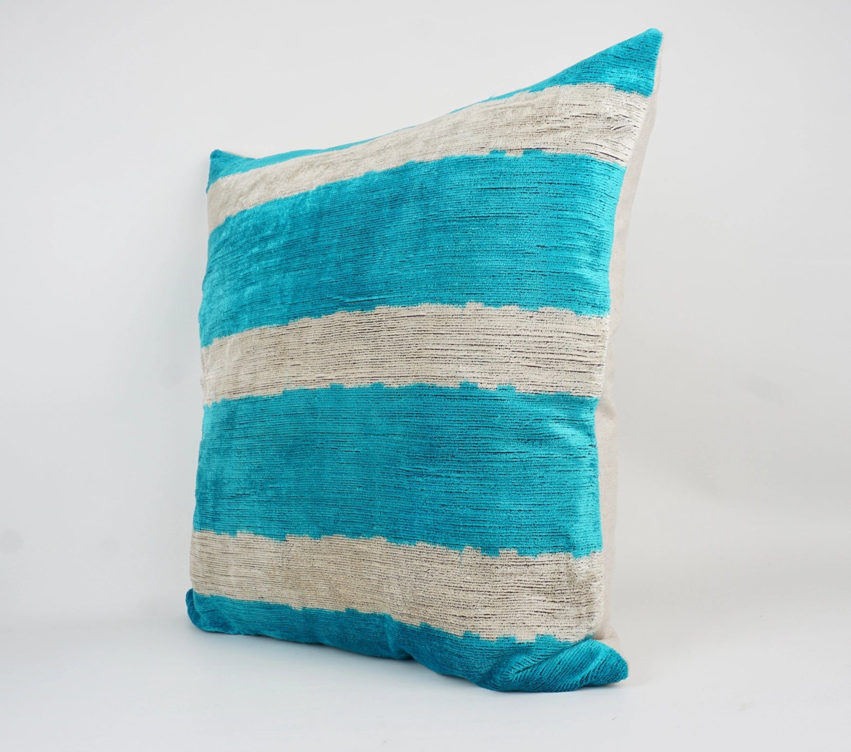 Handmade Teal & White Ikat Silk/Velvet Pillowcase 24"x24"