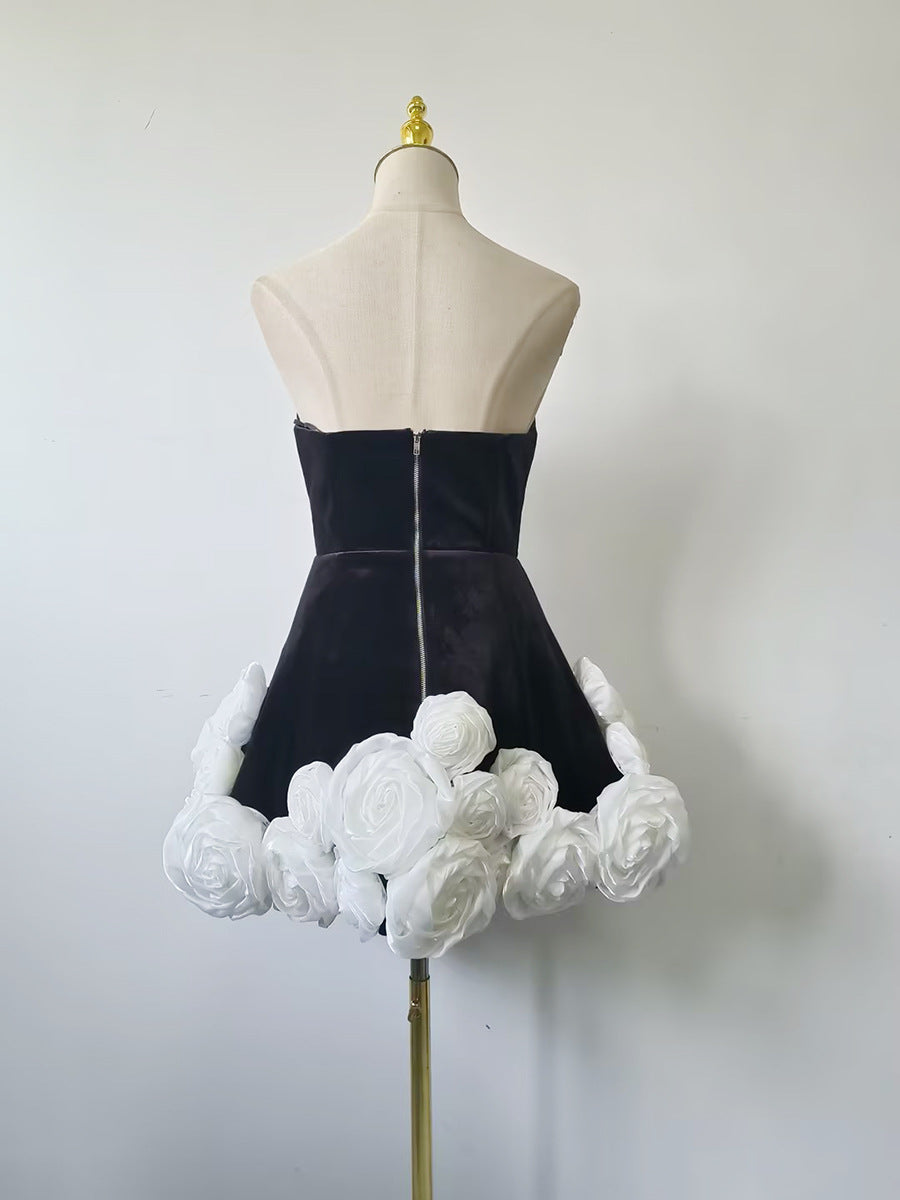 Julane Black Strapless Velvet Corset ALine Mini with White Satin 3D Flower Hem