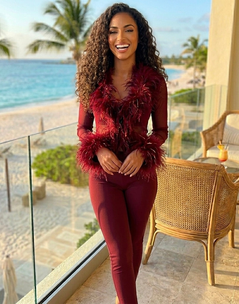 Nora Mesh Feather Bolero Cardigan and Mesh Pants Set