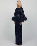 Janina Navy Sequin Long Sleeve Maxi Dress with Feather Trim