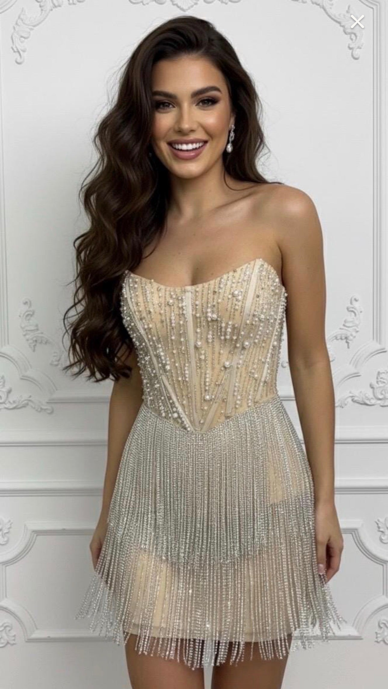 Leia Rhinestone Fringe and Pearl Embellished Mini Dress
