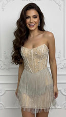 Leia Rhinestone Fringe and Pearl Embellished Mini Dress