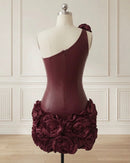 Emileigh Burgundy Faux Leather One Shoulder 3D Flower Mini Dress