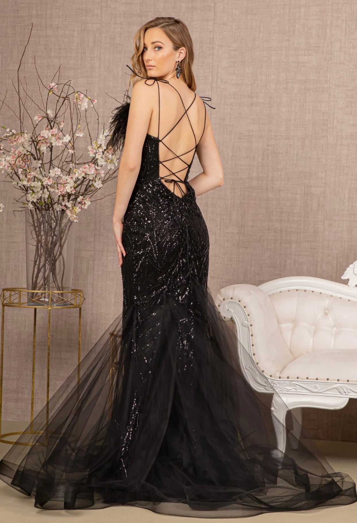 Simone Sequin and Feather Embellished Backless Tulle Trumpet Gown