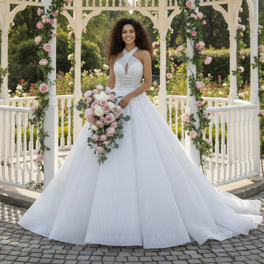 Nila Pearl Bead Embellished Crisscross Halter Full Detachable Skirt Gown