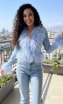 Cassie Sheer Long Sleeve Cardigan with Feather Collar and Sleeve Trim