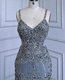 Naomi Sleeveless Silver Bead Feather Embellished Side Mesh Cutout Gown