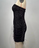 Marishka Black Strapless Sequin Bead and Feather Embellished Mini Dress