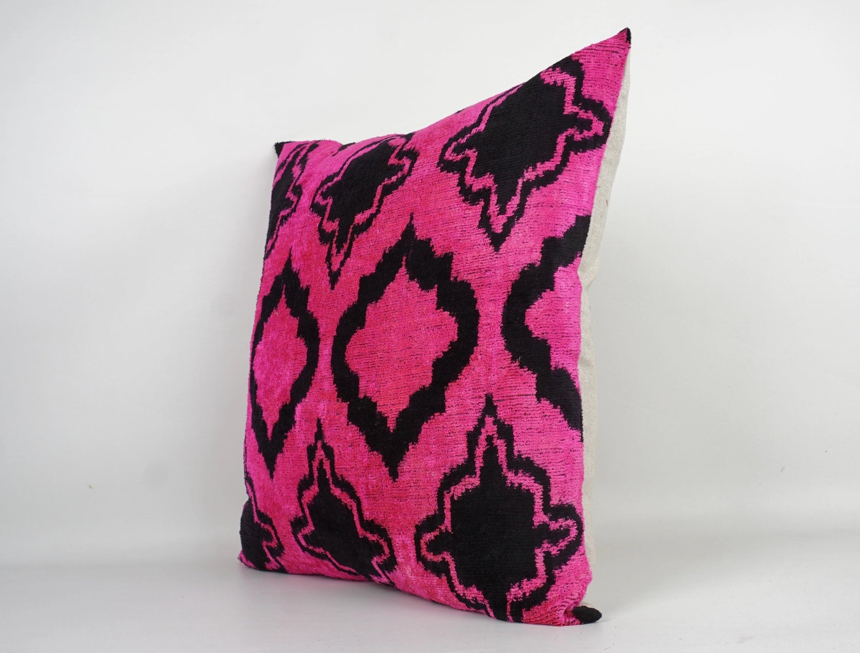 Handmade Pink and Black Ikat Silk/Velvet Pillowcase 20"x20"