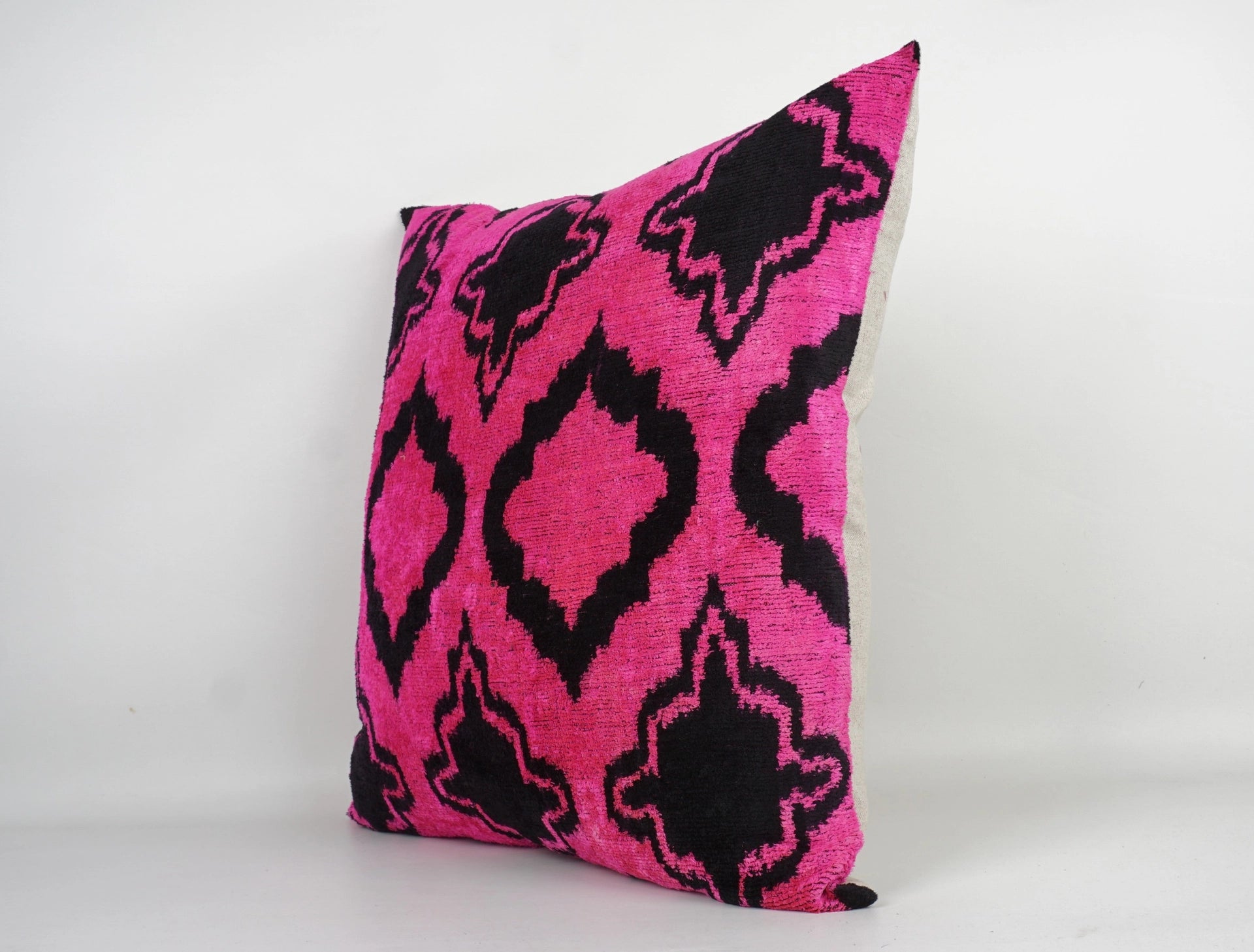 Handmade Pink and Black Ikat Silk/Velvet Pillowcase 20"x20"