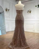 Mira Sleeveless Sweetheart Neckline Bead and Feather Embellished Side Slit Gown
