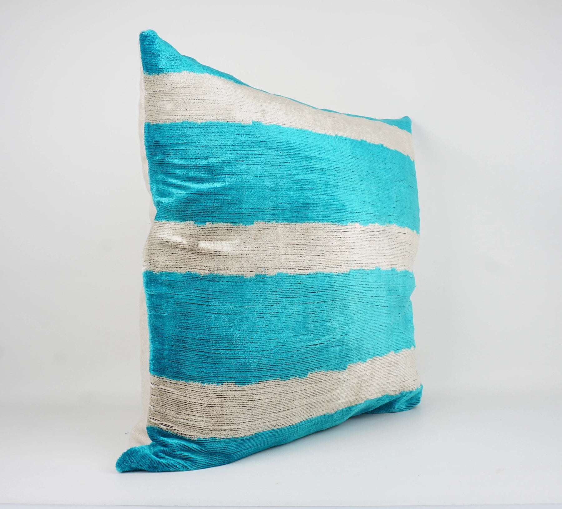 Handmade Teal & White Ikat Silk/Velvet Pillowcase 24"x24"